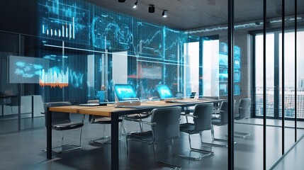 Poster - Futuristic Business Meeting Room with Digital Technology Display