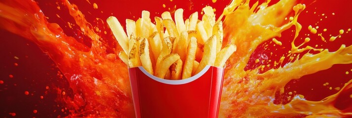 Poster - Golden crispy french fries in a classic container with vibrant color splashes in the background capturing a lively atmosphere