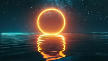 Wall Mural - Glowing orange ring reflecting on calm water under a starry sky