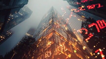 Poster - Urban Double Exposure of Skyscrapers with Financial Data Overlay