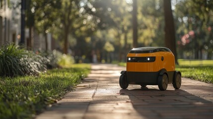 Fototapete - A small robotic delivery vehicle navigates along a well paved walkway surrounded by trees in an urban area, highlighting advancements in logistics and last mile delivery automation technology.
