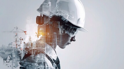 Poster - Engineer Wearing Helmet Overlaid with Construction Digital Art