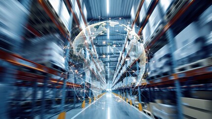 Poster - Spinning Digital Globe Over Modern Warehouse Racks and Aisles