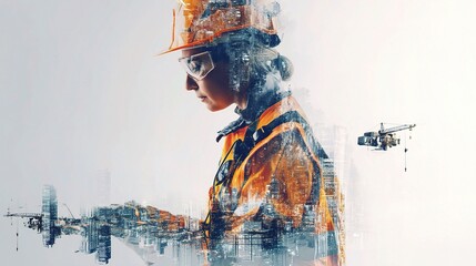 Poster - Conceptual Double Exposure of Construction Worker in Urban Setting