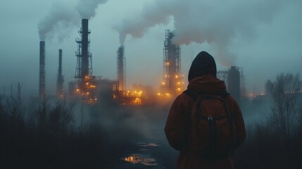 Aufkleber - A person stands in front of a large industrial powerplant surrounded by fog. The facility features tall smokestacks releasing smoke and bright lights illuminating the dark atmosphere.