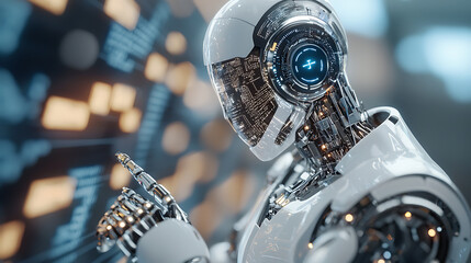 Poster - futuristic robot analyzing data high-tech laboratory digital art sci-fi environment close-up perspec