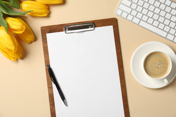 Aufkleber - Flat lay composition with clipboard and blank paper on beige background. Space for text