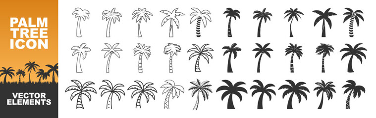 Black palm trees set isolated on transparent  background. Palm tree summer logo, coconut tree icon. Palm tree silhouette icon.