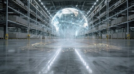Poster - Digital Logistics Hologram Overlay in Modern Warehouse Environment