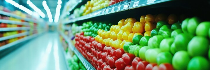 Poster - Vibrant grocery store aisle showcasing colorful fresh fruits and vegetables in modern well-lit setting