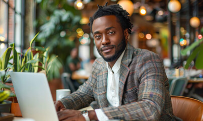 Poster - Confident Black Man Working on Laptop in Modern Cafe, Daytime, Professional Atmosphere, Elegant Attire, Focused and Productive Mood, Business and Technology Concept