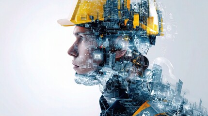 Poster - Double Exposure of Logistics Manager with Hard Hat Overlaying City