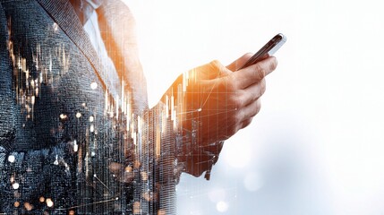 Poster - Double Exposure of Businessman Hand Holding Phone with Data Overlay