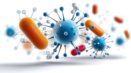 Poster - Microscopic bacteria and virus interaction laboratory setting scientific illustration dynamic environment close-up view microbiology concept