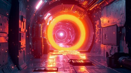 Poster - Journey Through a Futuristic Neon Tunnel: A Sci-Fi Digital Art Exploration