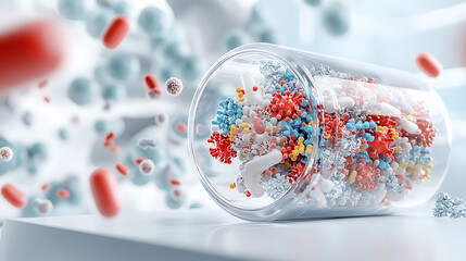Poster - Innovative science breakthroughs a capsule of microbial life laboratory setting 3d visualization futuristic concept