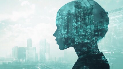 Poster - Double Exposure Portrait of Construction Engineer with City Skyline