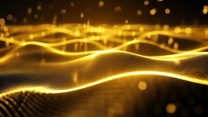 Poster - Golden abstract waves on dark backdrop with shimmering particles and smooth flowing curves create an elegant background with reflective surface.