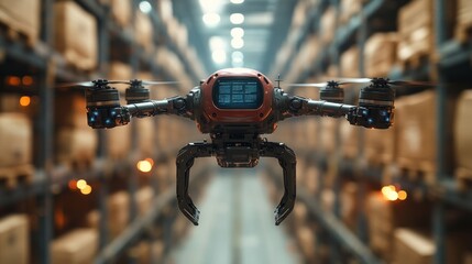 Leinwandbilder - A futuristic drone hovers within a spacious warehouse filled with stacked containers, showcasing advancements in logistics and automated delivery systems aimed at improving mobility.