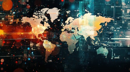 Poster - Digital World Map for Business Collaboration and Global Connections