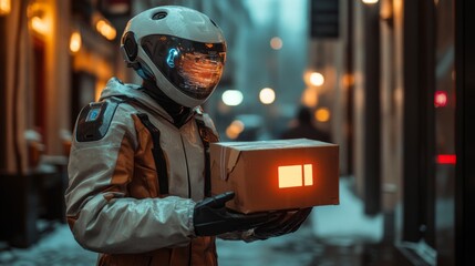 Poster - A delivery robot holds a package in a bustling urban area, showcasing the intersection of automation and logistics during an evening delivery.