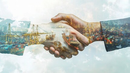 Poster - Double Exposure Business Handshake Overlaid with Industrial Scene
