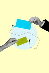 Fototapete - Creative image collage of two hands holding demonstrate speech bubble on yellow background