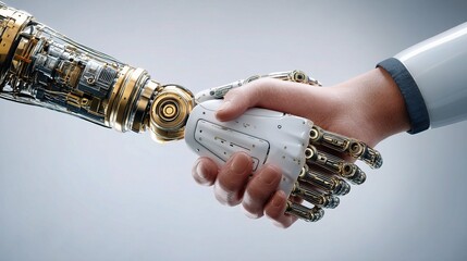Poster - Human Hand Shaking with Robotic Hand in Futuristic Concept Art
