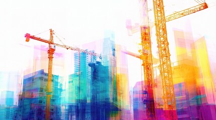 Poster - Abstract Double Exposure of Construction Scene with Cranes and Buildings