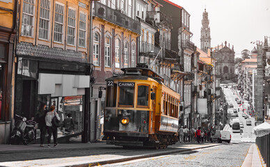 porto, portugal. antique retro tram on the rails. public transport with tramway road. popular touris