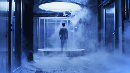 Poster - This figure stands in a misty, high-tech chamber, symbolizing cryogenic sleep technology.