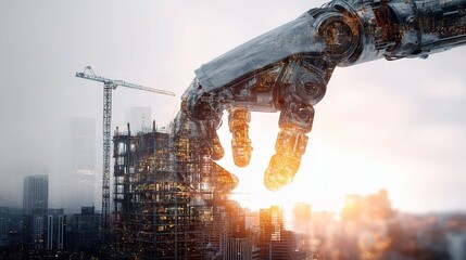 Poster - Double Exposure of Robotic Arm in Construction Scene at Sunset