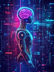 Leinwandbilder - Synergy of AI with robot, microchip and digital brain on holographic platforms showcasing futuristic technology concepts
