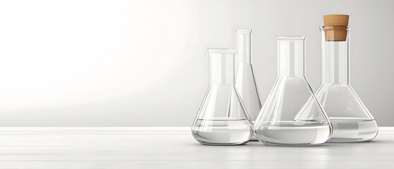 Poster - Laboratory experiment setup scientific research glassware arrangement bright environment close-up view chemistry concepts