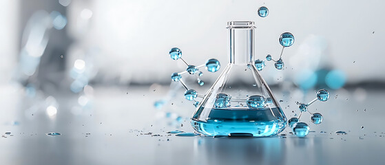 Poster - Scientific experiment in laboratory chemistry glassware blue liquid modern setting close-up perspective visual science concept