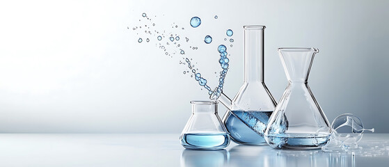 Poster - Laboratory experiment in chemistry science lab glassware with blue liquid clean environment close-up view innovation process