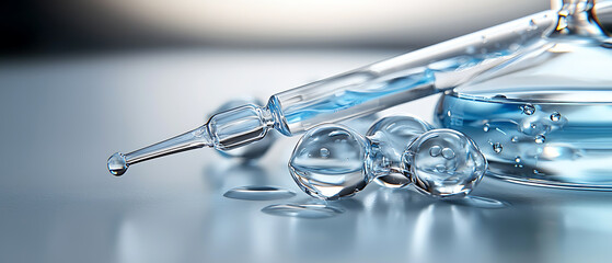 Poster - Syringe drops blue liquid laboratory setting macro photography scientific environment close-up view precision in experimentation