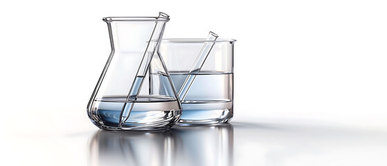 Poster - Scientific experiment with water glassware in laboratory clear focus on chemistry equipment modern clean environment