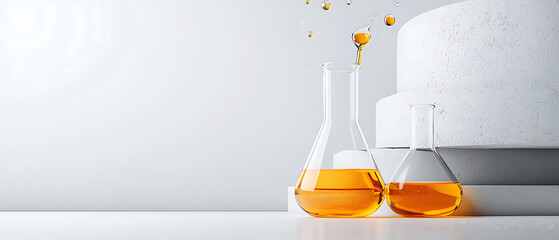Poster - Chemical experiment in laboratory science setting glassware with orange liquid clean environment close-up view