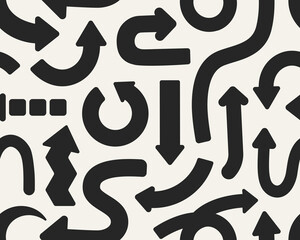 Fototapete - Arrows pattern, seamless print. Endless background design with pointers pointing in different directions. Repeating texture, dynamic movement signs. Flat vector illustration for textile, fabric