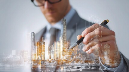 Poster - Businessman Writing on Transparent Screen with Cityscape Visualization