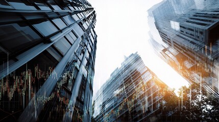Poster - Futuristic Financial Double Exposure Concept with Towering Skyscrapers