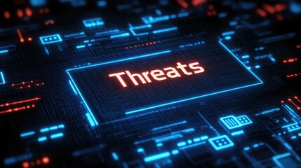 Poster - Cyber Security Threats Warning Digital Alert Abstract Background Red Threat Word On Futuristic Tech Interface