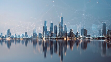 Poster - Futuristic Cityscape with Holographic Elements and Urban Reflections