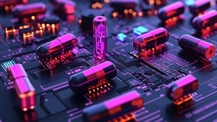 Poster - Futuristic medicine capsules on electronic circuit board for healthcare and pharmaceutical innovation, artificial intelligence, and digital technology.