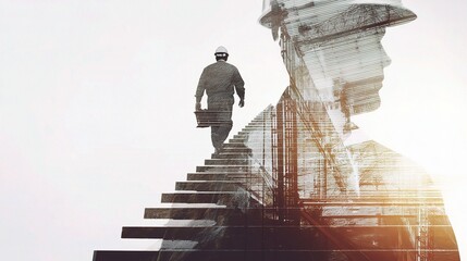 Poster - Engineer Walking Up Stairs with Double Exposure Effect