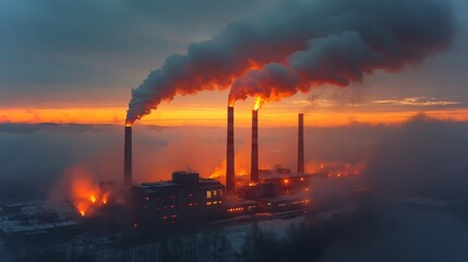 Aufkleber - Fiery emissions rise from chimneys of a powerplant amidst a dusky sky, showcasing industrial intensity and energy generation. The horizon glows as night approaches.
