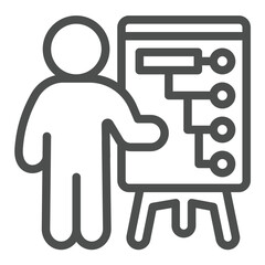Poster - Man at whiteboard with infographics line icon, business plan concept. Vector graphics. Human with presentation stand, marketer sign on white background, outline style icon for mobile or web design.