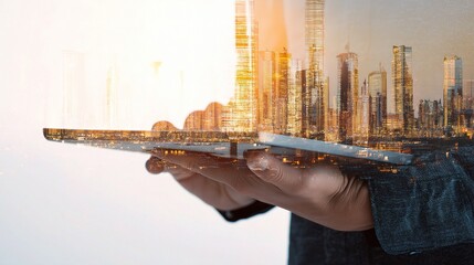 Poster - Entrepreneur Holding Tablet with Double Exposure City Skyline
