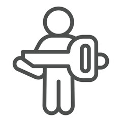 Poster - Man with big key line icon, recruitment concept. Vector graphics. Key with famous person, human sign on white background, outline style icon for mobile or web design.